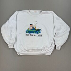 Vintage Jim Benton 1987 Mr.‎ Fisherman Graphic Sweater Men's XL White Pullover